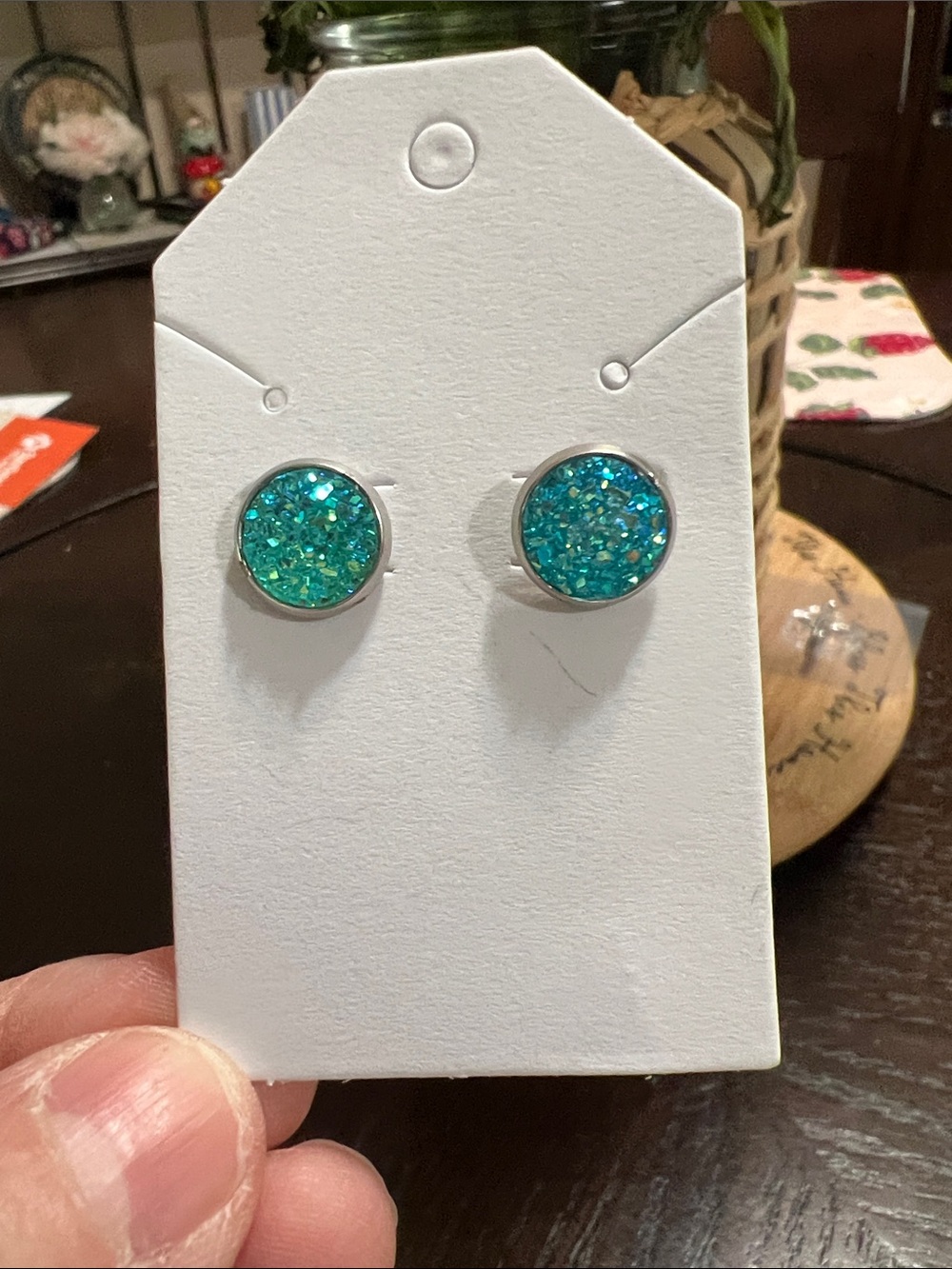 New Turquoise Druzy Round Stud Earrings - Women Jewelry